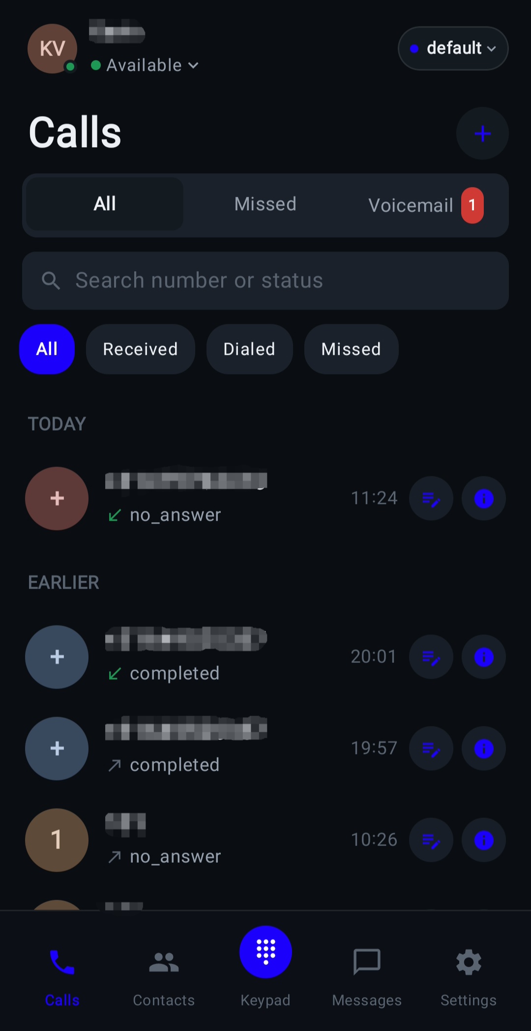 Dialix Android app call history screen